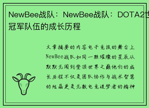 NewBee战队：NewBee战队：DOTA2世界冠军队伍的成长历程