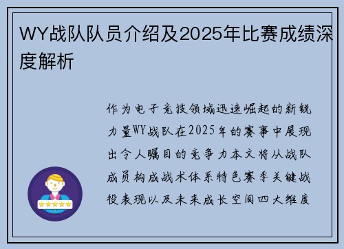WY战队队员介绍及2025年比赛成绩深度解析